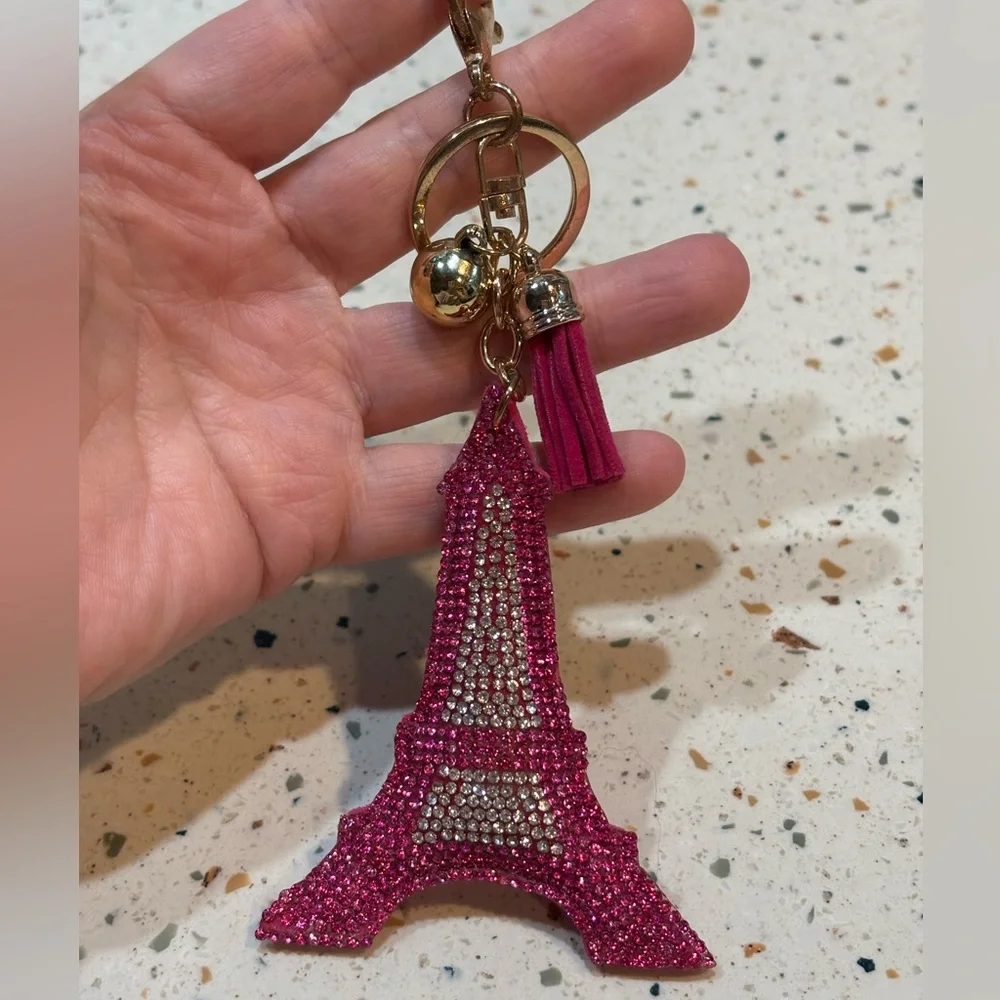 Pink Eiffel Tower‎ Keychain or Handbag Charm with Gold Accents